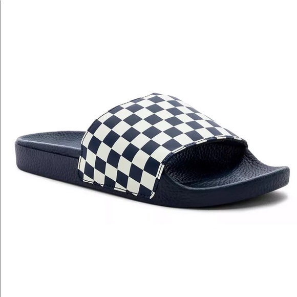 vans checkerboard slides blue
